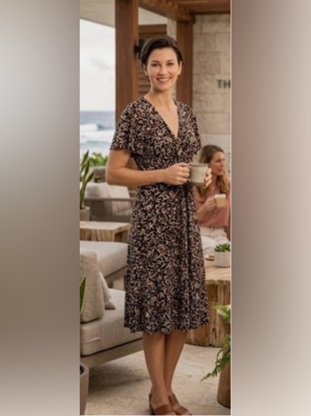Y2K Chaps Flowy Dress Brown & Black All Over Dot Print Flutter Sleeve VNeck M